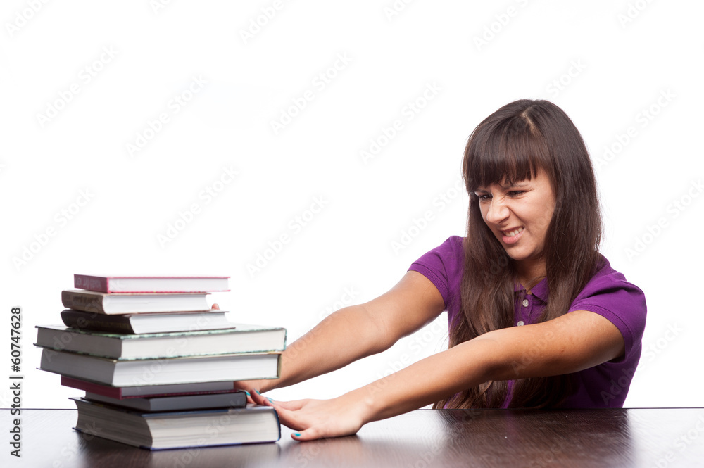 girl pushing books girl pushing books