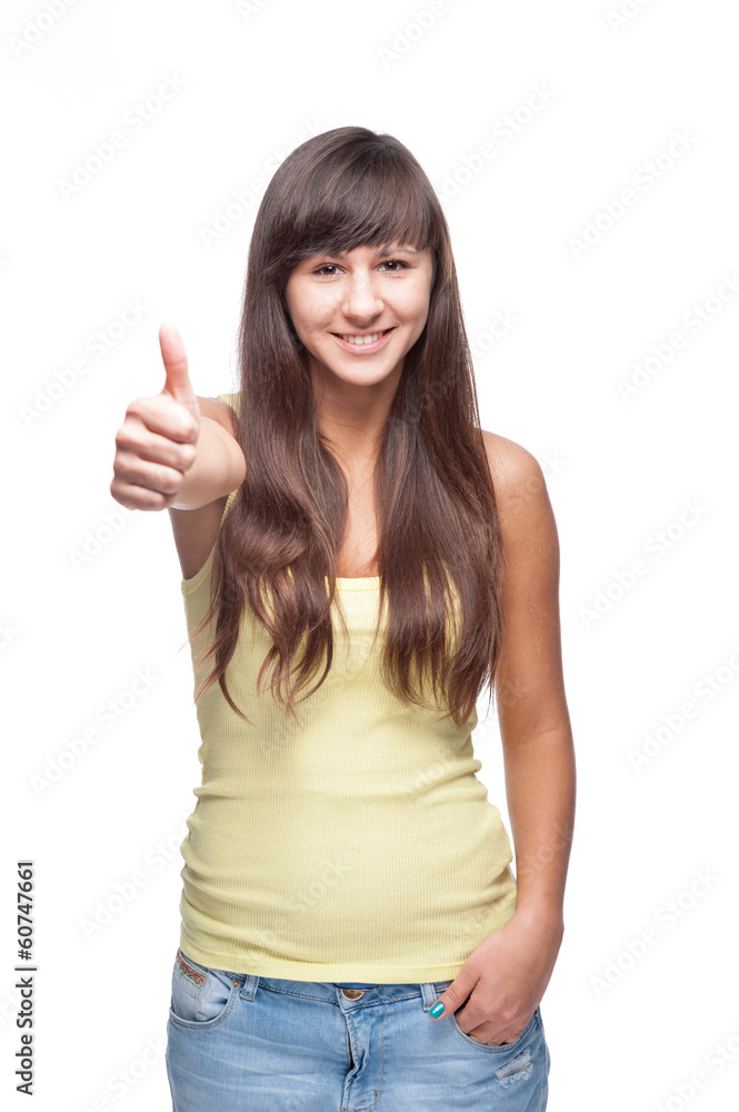 girl showing thumb up girl showing thumb up