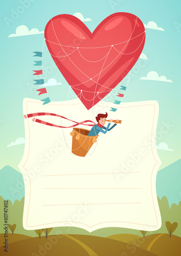 A man in a hot air balloon. Valentine's Day Card.