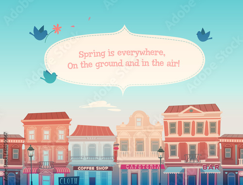 Spring sunny town. Vector illustration.