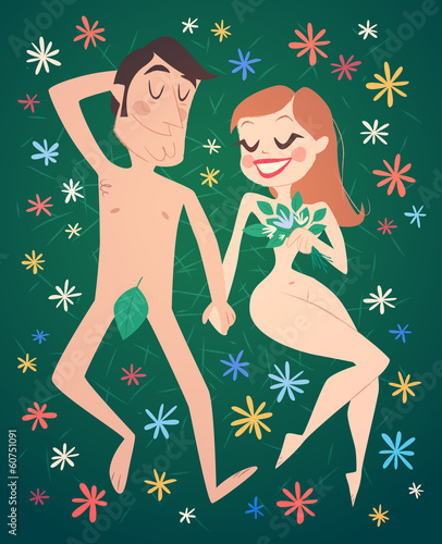 Romantic couple on grass. Vector illustration.