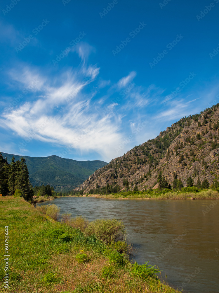 Wide Mountain River Cuts a Valley - Clark Fork River Montana USA Wide Mountain River Cuts a Valley - Clark Fork River Montana USA