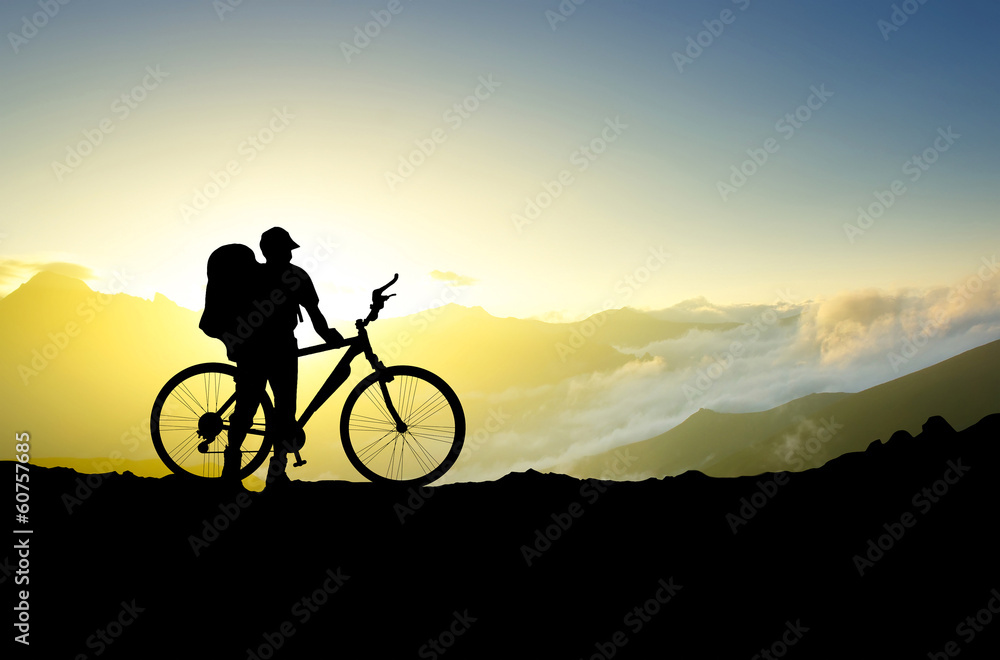 Silhouette of a bike and tourist. Sport and active life concept Silhouette of a bike and tourist. Sport and active life concept