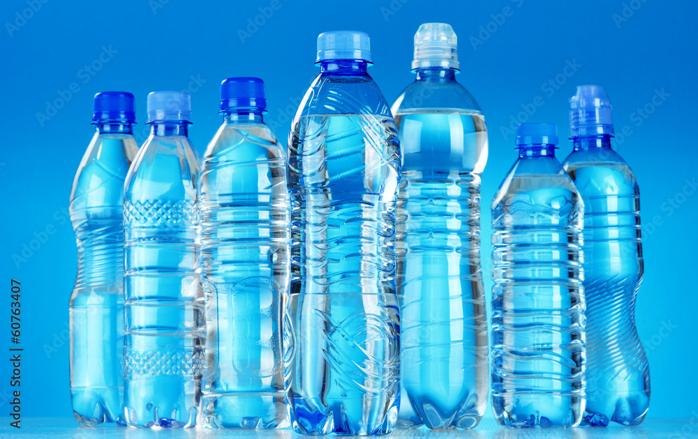 Composition with assorted plastic bottles of mineral water Composition with assorted plastic bottles of mineral water