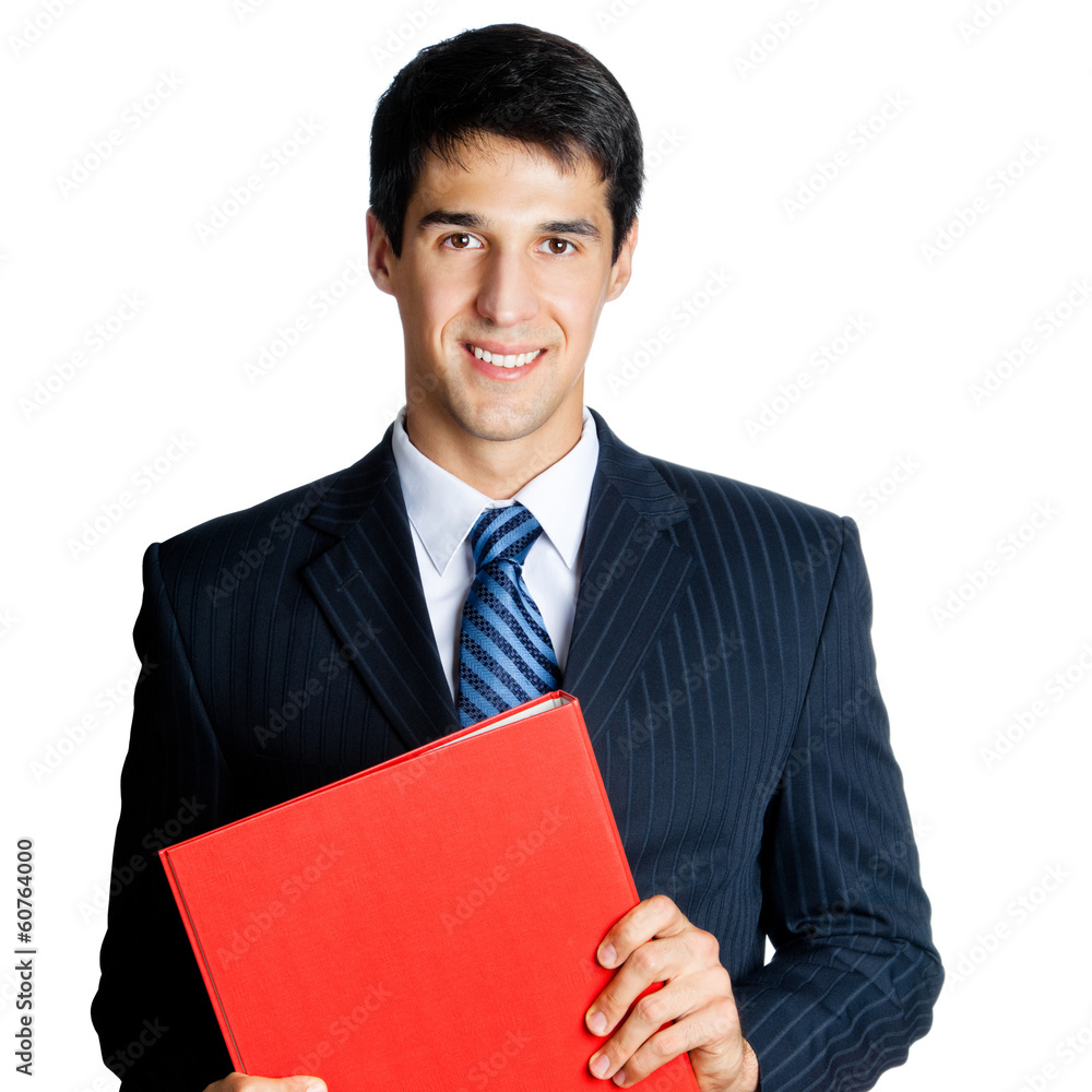 Smiling businessman with red folder, isolated on white Smiling businessman with red folder, isolated on white