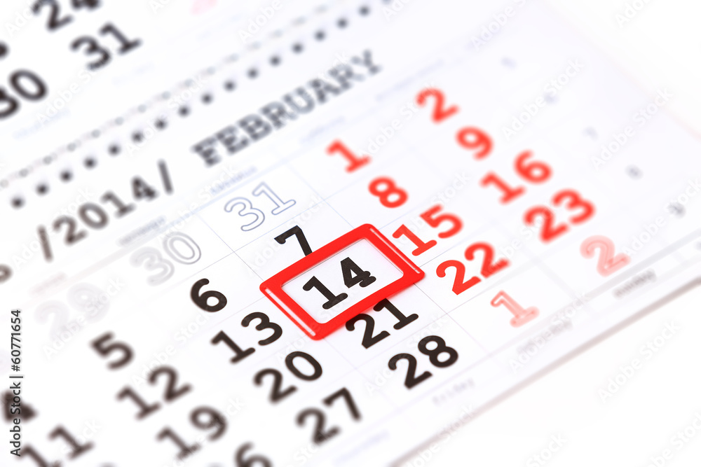 calendar with red mark on 14 February. Valentine's day calendar with red mark on 14 February. Valentine's day