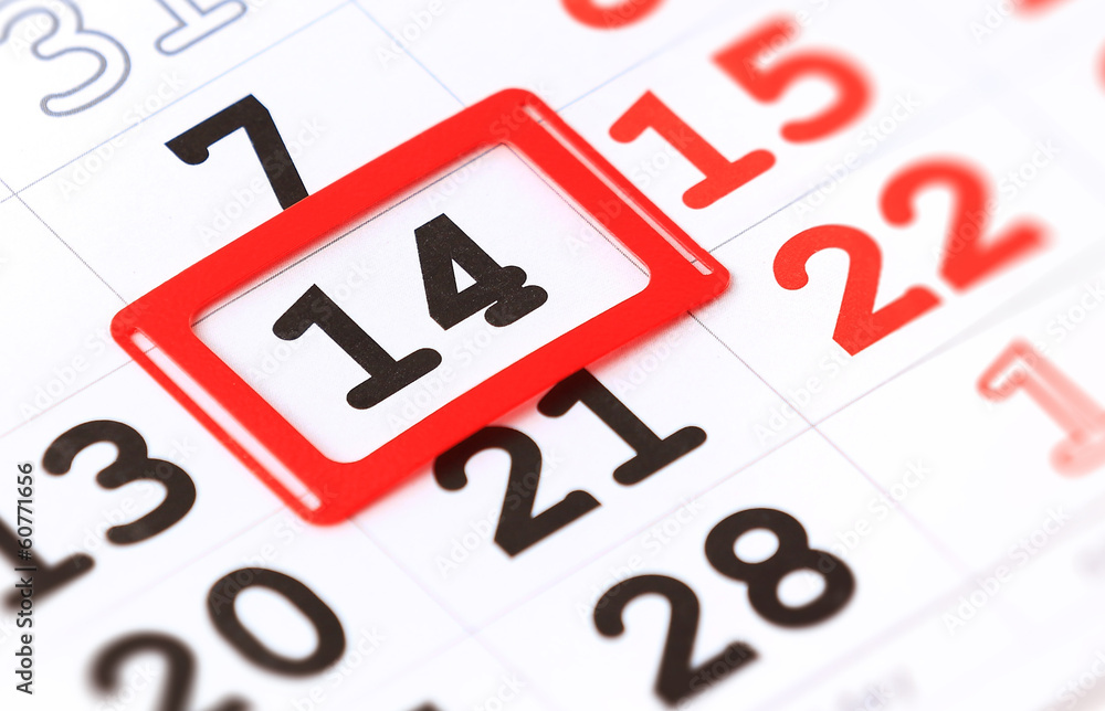 Sheet of wall calendar with red mark on 14 February Sheet of wall calendar with red mark on 14 February