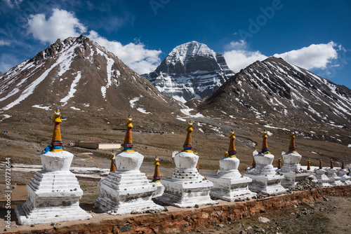Buddhist stupas and Mt. Kailash in the background, Tibet