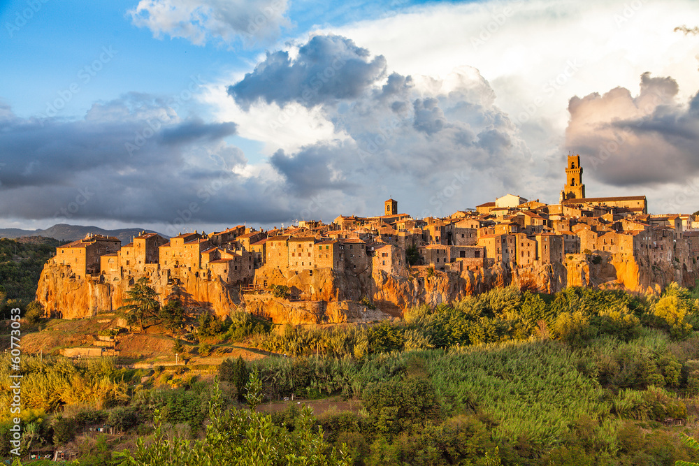 Medieval town of Pitigliano at sunset, Tuscany, Italy