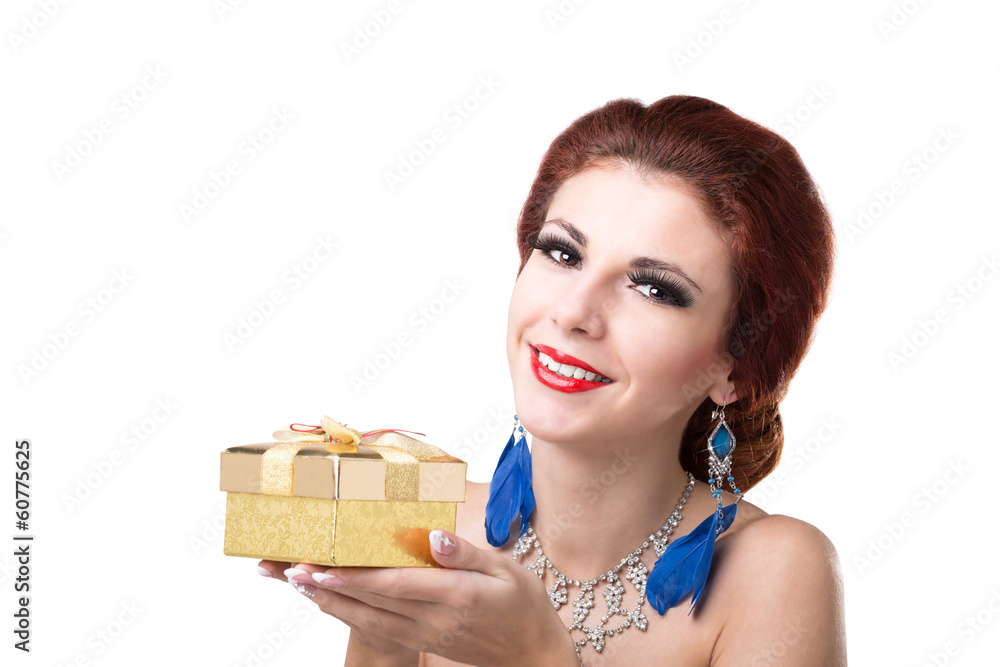 Beauty Young Beautiful Girl with Golden Gift Box.Valentine Day Beauty Young Beautiful Girl with Golden Gift Box.Valentine Day