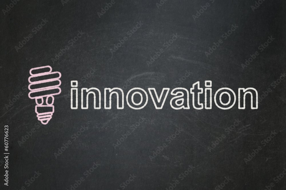 Obraz premium Finance concept: Energy Saving Lamp and Innovation on chalkboard