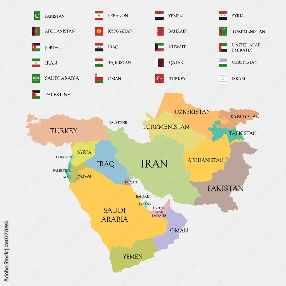 Middle East map and flags vector illustration