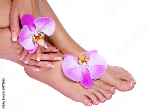 French Manicure on Beautiful Female Feet and Hands