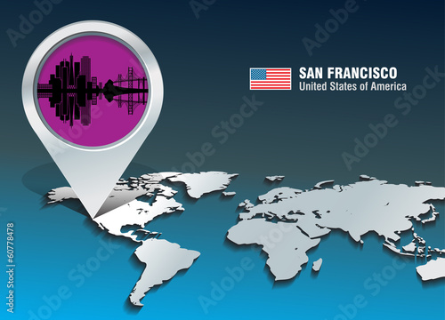 Map pin with San Francisco skyline