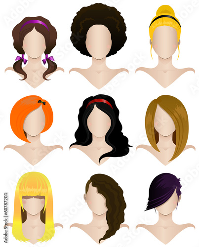 Tableau sur toile Vector illustration of a set of nine women's hairstyles