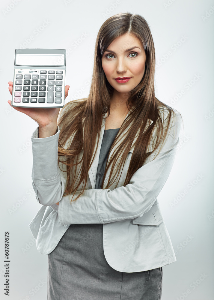 Woman accountant show calculator. Young business woman.