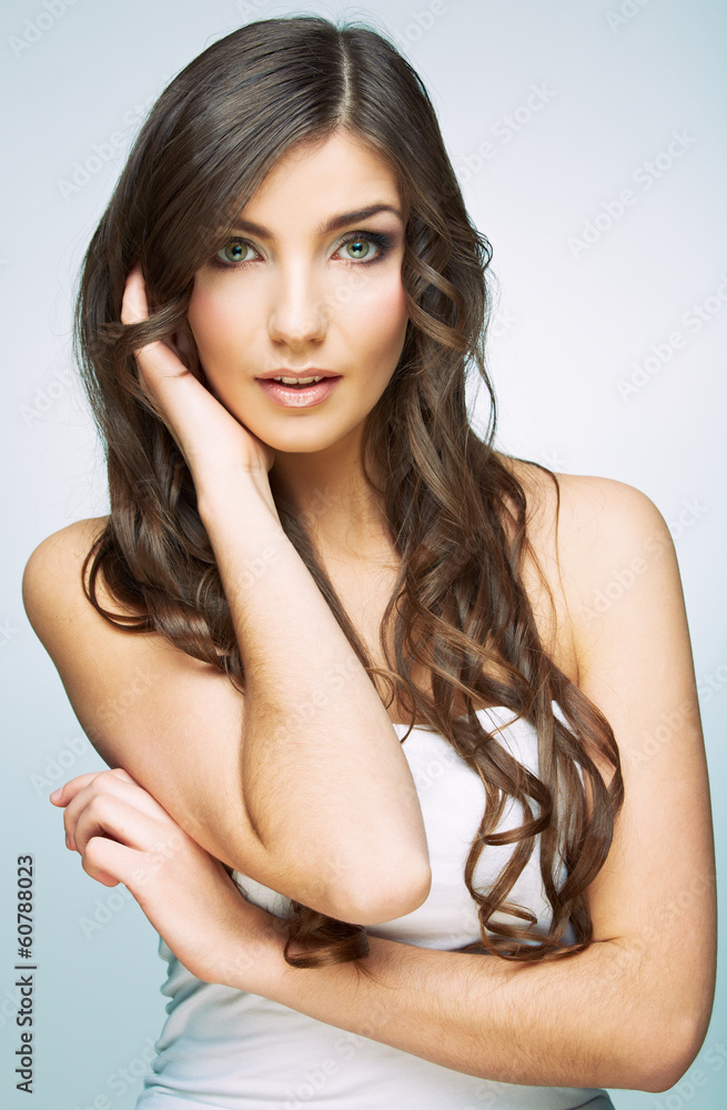 Close up woman face portrait with long hair.