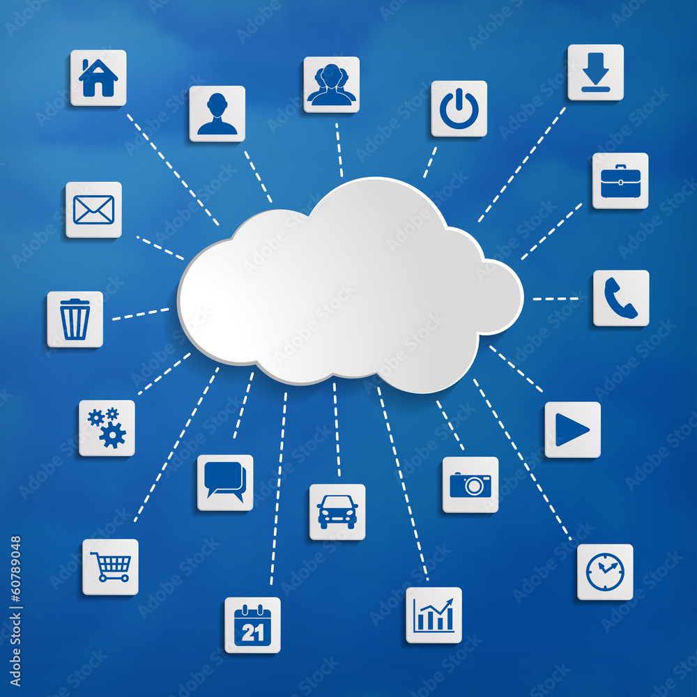 Abstract cloud computing with media icons on a blue background