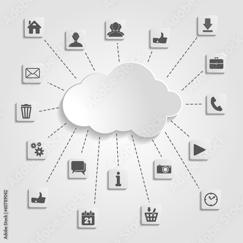 Abstract cloud computing with social networks icons on a gray ba
