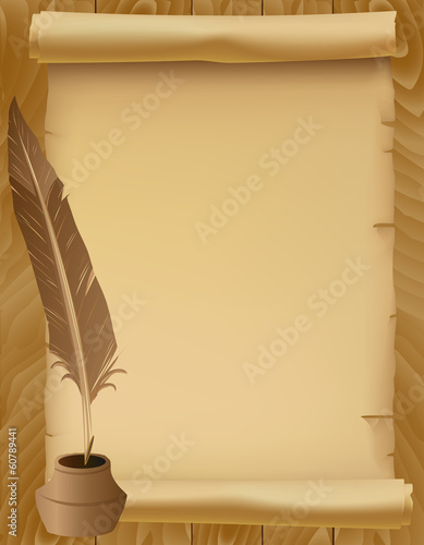 Vintage Paper Scroll with Feather Pen and Ink Over a Wooden Back