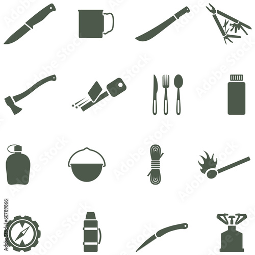 Set of vector icons with camping equipment and accessories.