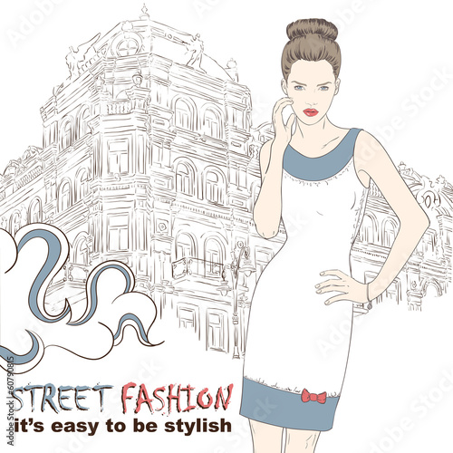 Stylish girl in dress on the street vector illustration