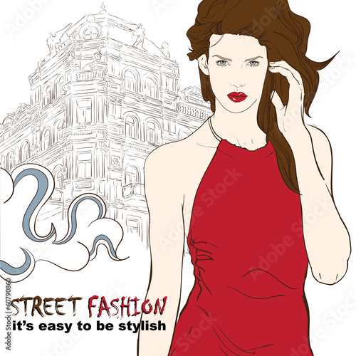 Stylish girl in red dress on the street vector illustration