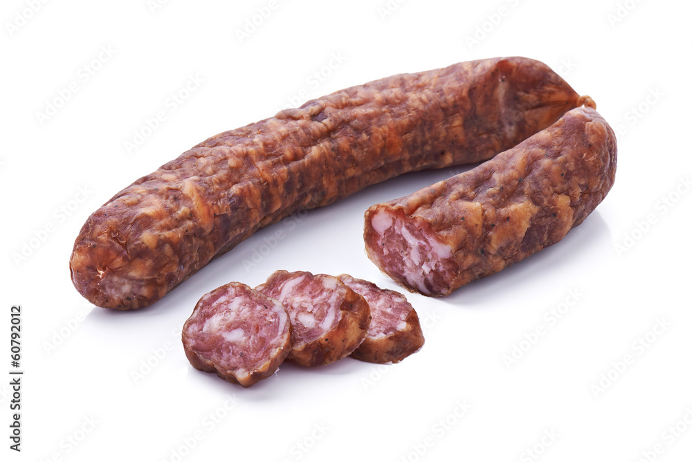 Sliced dried salami isolated on white background Sliced dried salami isolated on white background