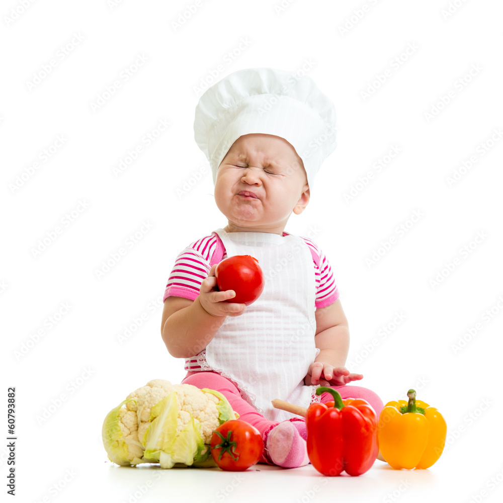 funny baby girl weared cook with vegetables funny baby girl weared cook with vegetables