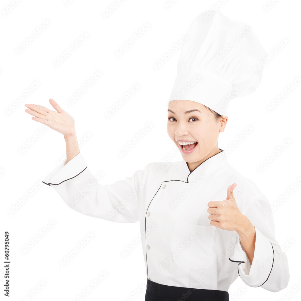 young graceful woman dressed as a cook with thumb up young graceful woman dressed as a cook with thumb up