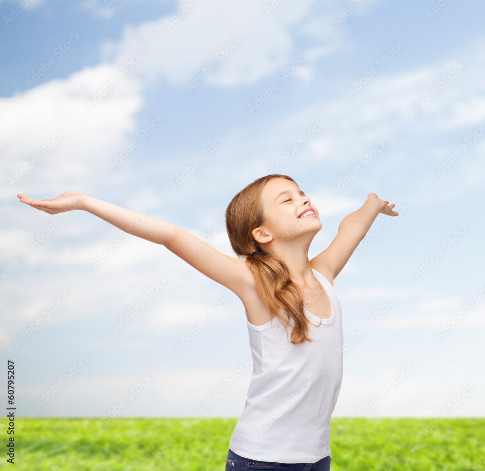 smiling teenage girl with raised hands smiling teenage girl with raised hands