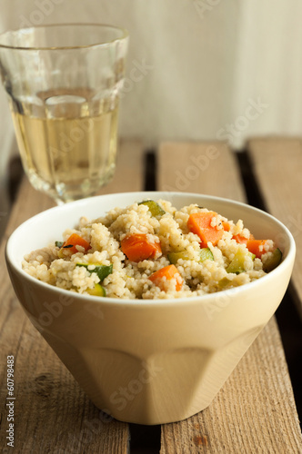 Couscous salad with chicken, zucchini and carrot