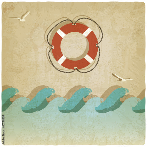 Vintage marine background with lifebuoy - vector illustration