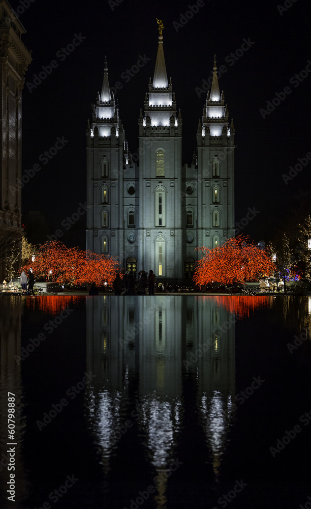 Mormon Temple Reflected On Water During Christmas