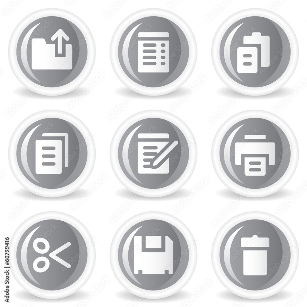 Document web icons, grey glossy circle buttons Document web icons, grey glossy circle buttons