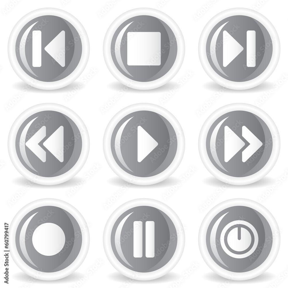 Media player web icons, grey glossy circle buttons Media player web icons, grey glossy circle buttons