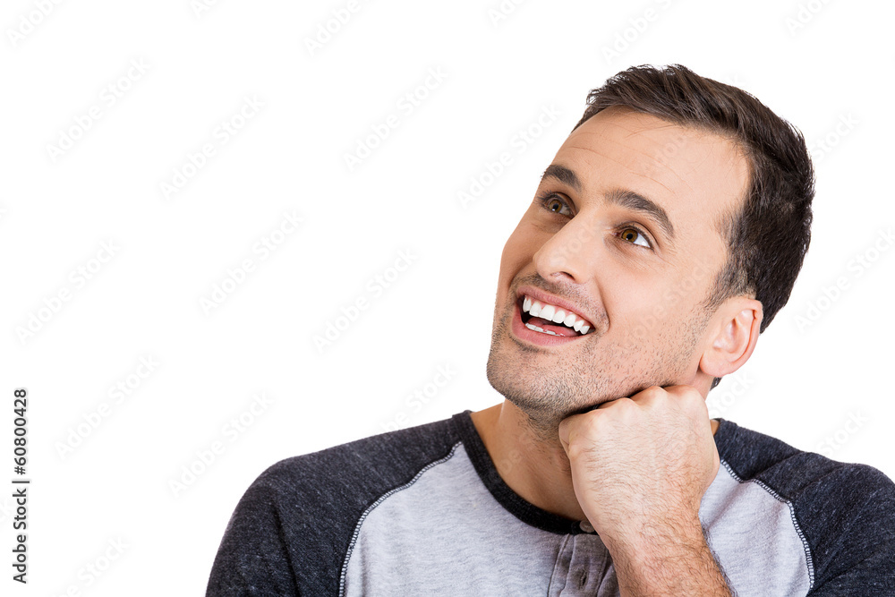 Happy man, imagining a better life daydreaming, white background Happy man, imagining a better life daydreaming, white background