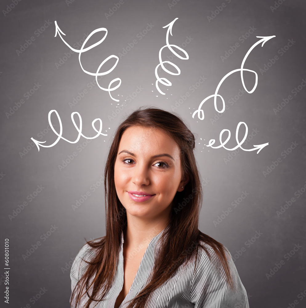Young woman thinking with arrows overhead Young woman thinking with arrows overhead