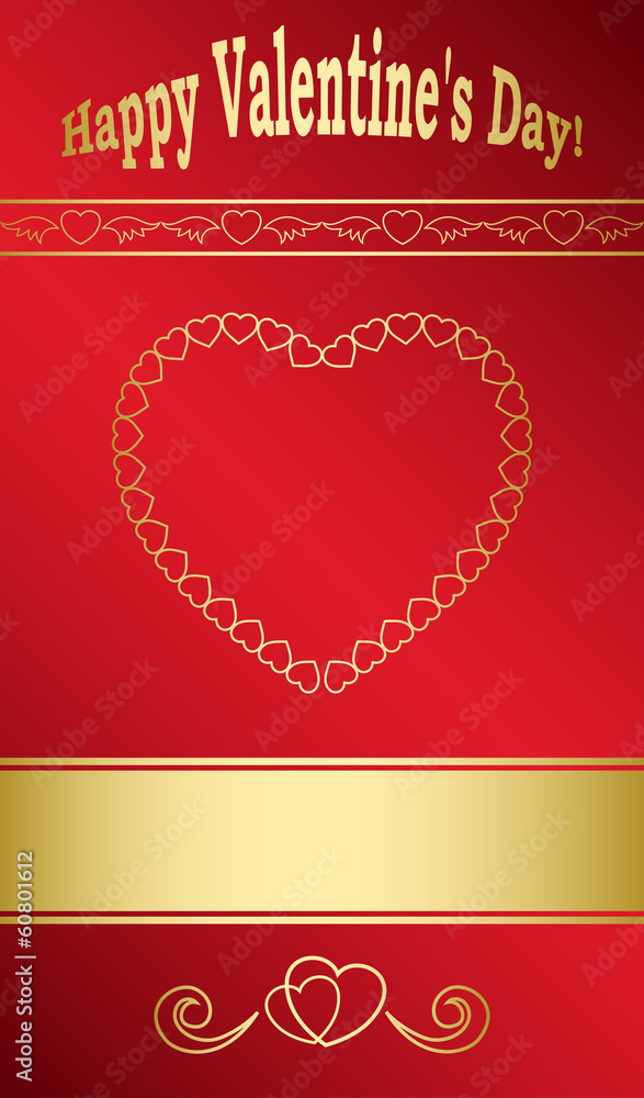 bright red card with gold hearts for valentine day - vector