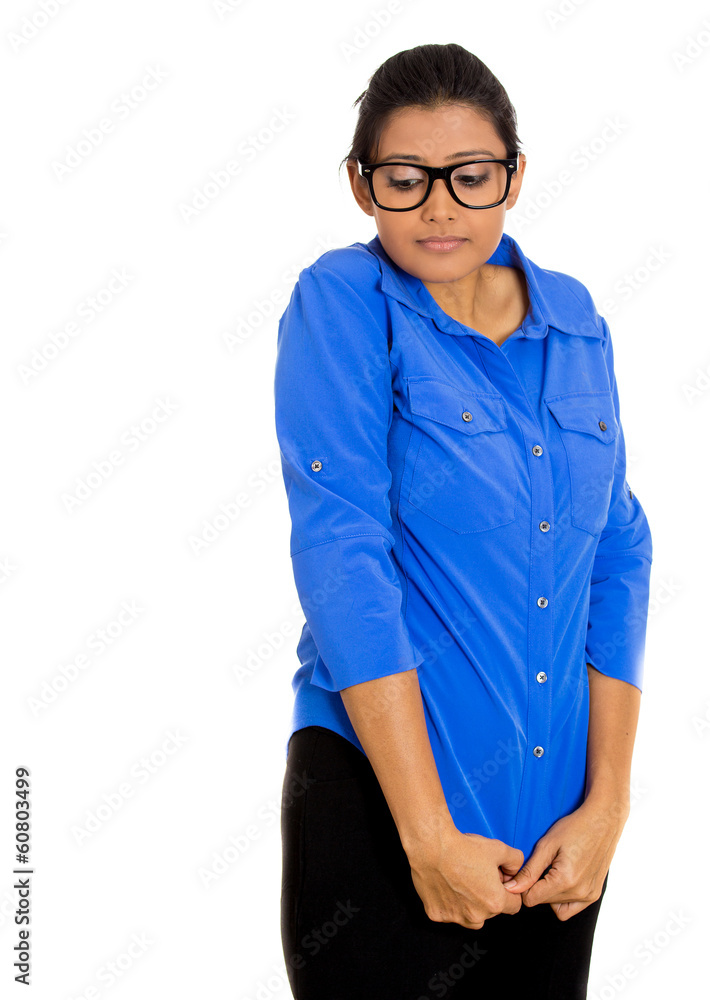 Shy nerdy woman avoiding eye contact Shy nerdy woman avoiding eye contact