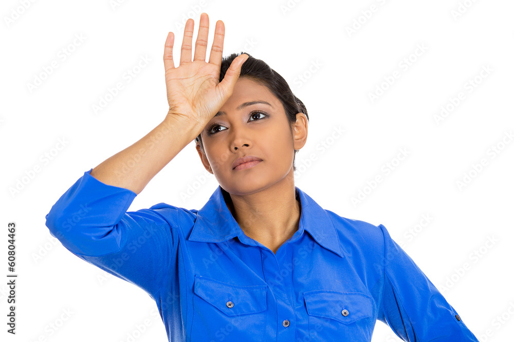 Annoyed princess woman back hand on forehead playing tragedy Annoyed princess woman back hand on forehead playing tragedy