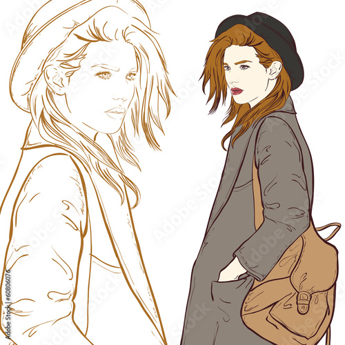 Stylish girl with hat hand drawn vector illustration