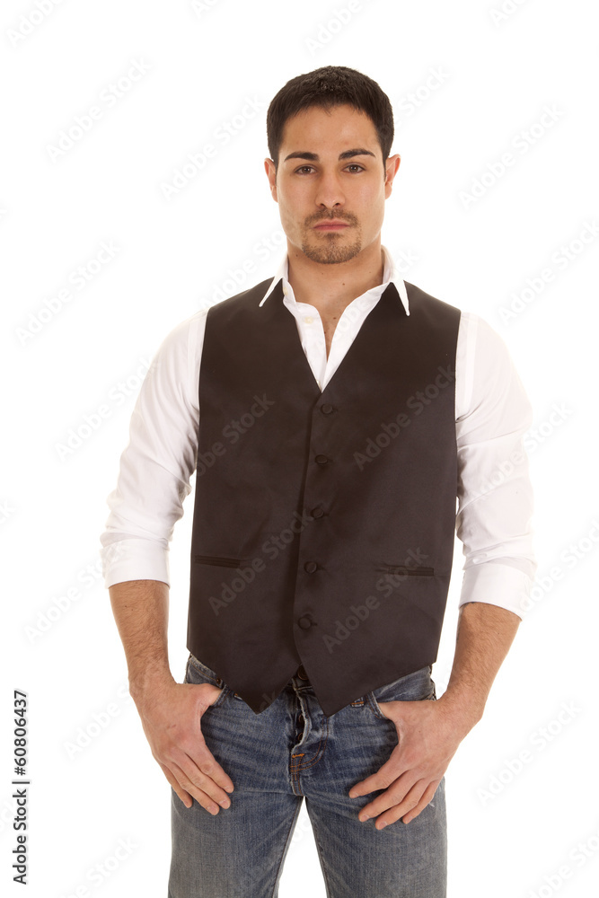 man in vest thumbs pockets serious man in vest thumbs pockets serious