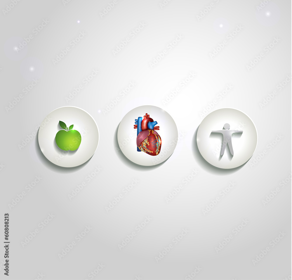 Human heart and health care symbols, cardiology icons Human heart and health care symbols, cardiology icons