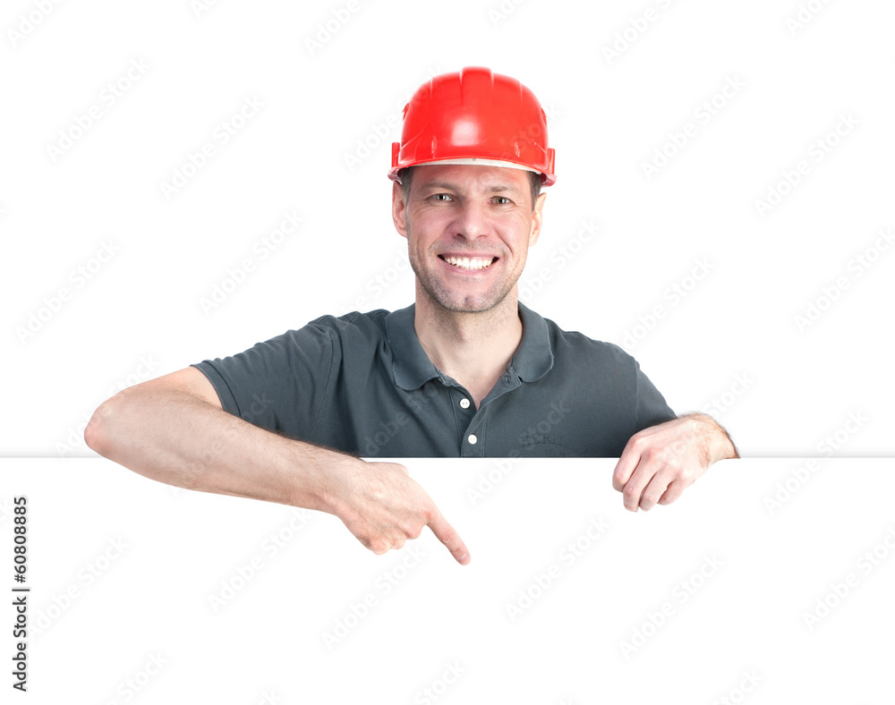 Worker man in red helmet isolated on white background Worker man in red helmet isolated on white background
