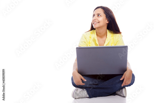 Happy woman with a laptop, isolated over white background