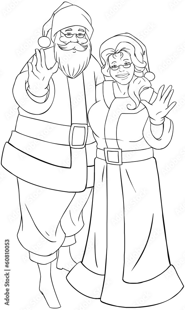 Santa And Mrs Claus Waving Hands For Christmas Coloring Page Stock