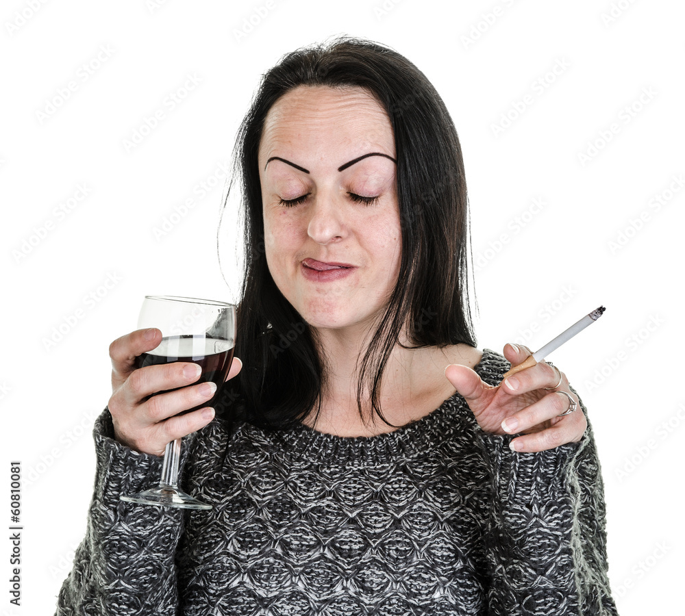 drunk, woman drinking red wine smoking Stock | Stock