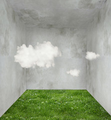 Foto auf Acrylglas Surrealismus Wolken und Gras in einem Raum  © vali_111