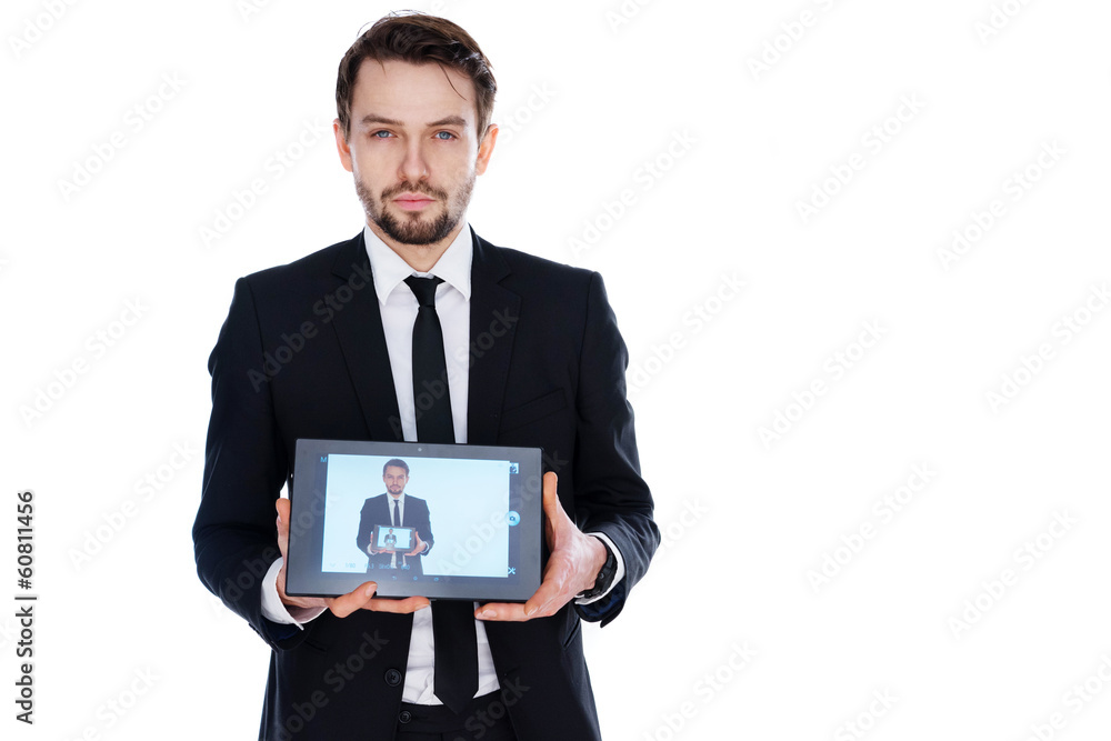 Man displaying a handheld tablet computer Man displaying a handheld tablet computer